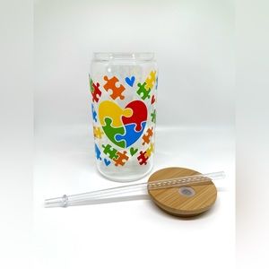 Autism Awareness Glass Cup | Autism Support Glass Can w Lid & Straw | Autism
